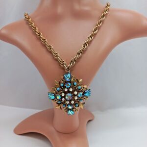 Vintage Florenza Gold Tone Tulip Glass Blue Rhinestone Pearl Brooch Pendant